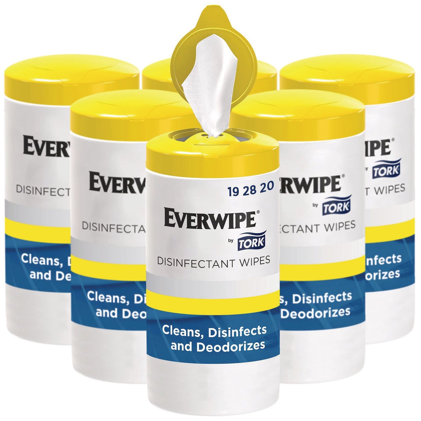 TRK192820 Everwipe by Tork Disinfectant Wipe Canisters, 1-Ply, 7 x 7, Lemon, White, 75 Sheets/Canister, 6/Carton Tork
