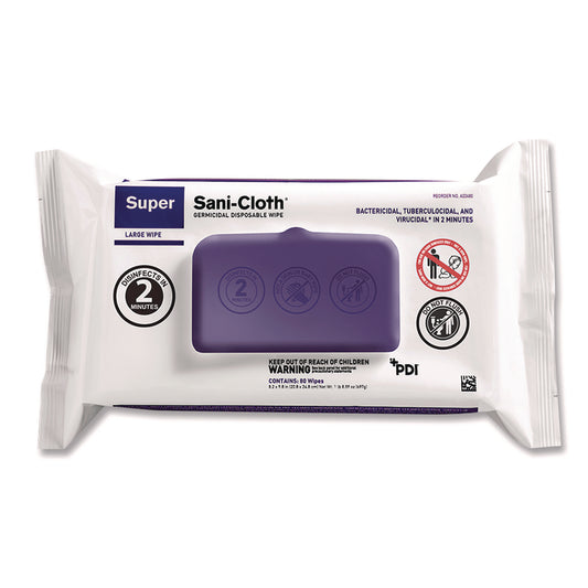 PDIA22480 Super Sani-Cloth Germicidal Disposable Wipes, Large, 1-Ply, 8.2 x 9.8, Unscented, White, 80/Pack