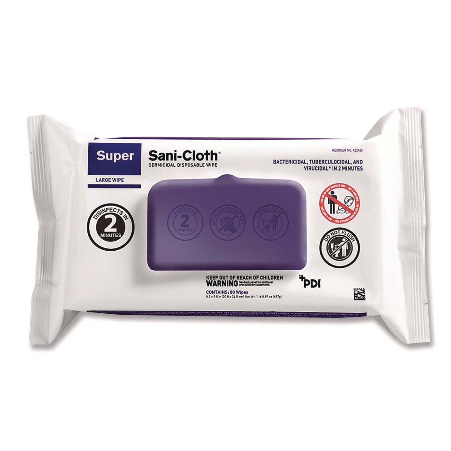 PDIA22480 Super Sani-Cloth Germicidal Disposable Wipes, Large, 1-Ply, 8.2 x 9.8, Unscented, White, 80/Pack Sani Professional
