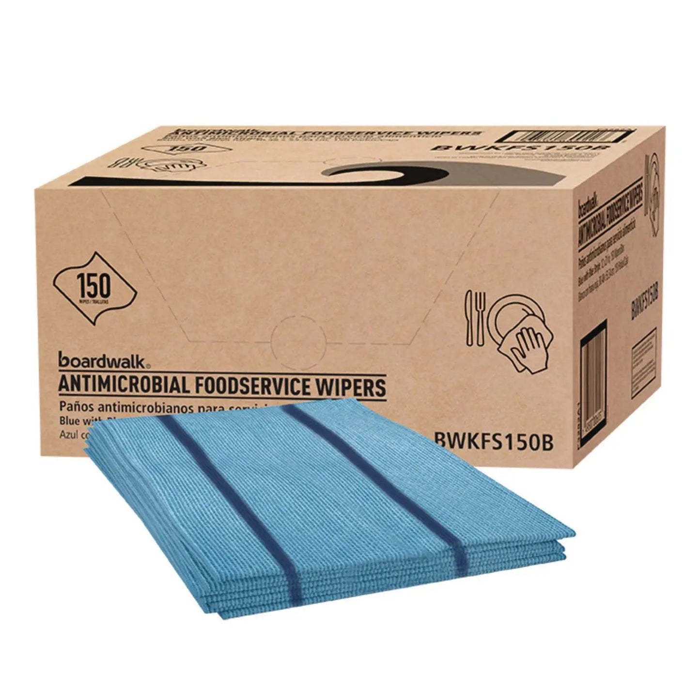 BWKFS150B Antimicrobial Foodservice Wipers, 1-Ply, 12 x 21, Blue, 150/Carton Boardwalk