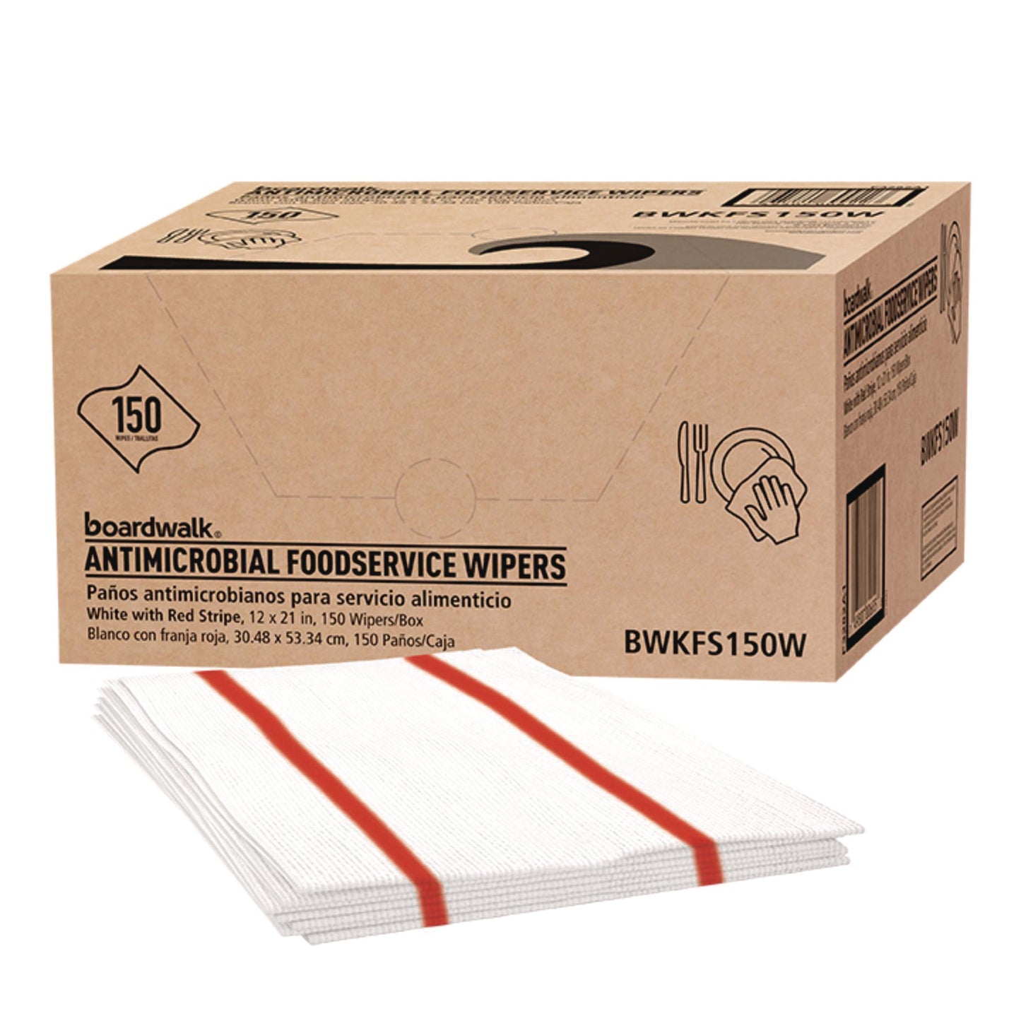 BWKFS150W Antimicrobial Foodservice Wipers, 1-Ply, 12 x 21, Red/White, 150/Carton