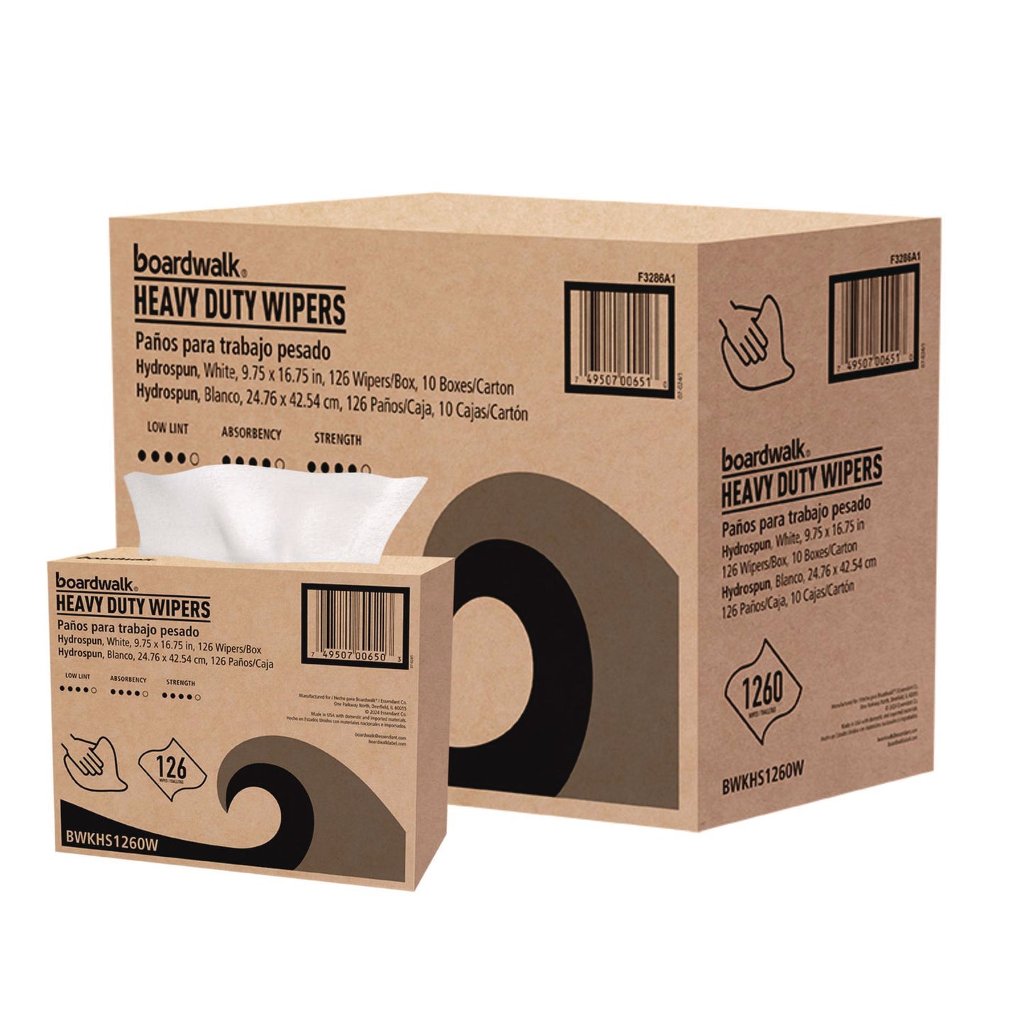 BWKHS1260W Hydrospun Wipers, 1-Ply, 9.75 x 16.75, White, 126/Box, 10 Boxes/Carton