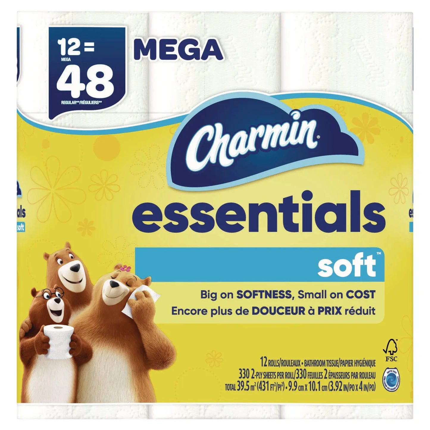 PGC03154 Essentials Soft Bathroom Tissue, Septic Safe, 2-Ply, White, 330 Sheets/Roll, 12 Rolls/Pack, 4 Packs/Carton Charmin