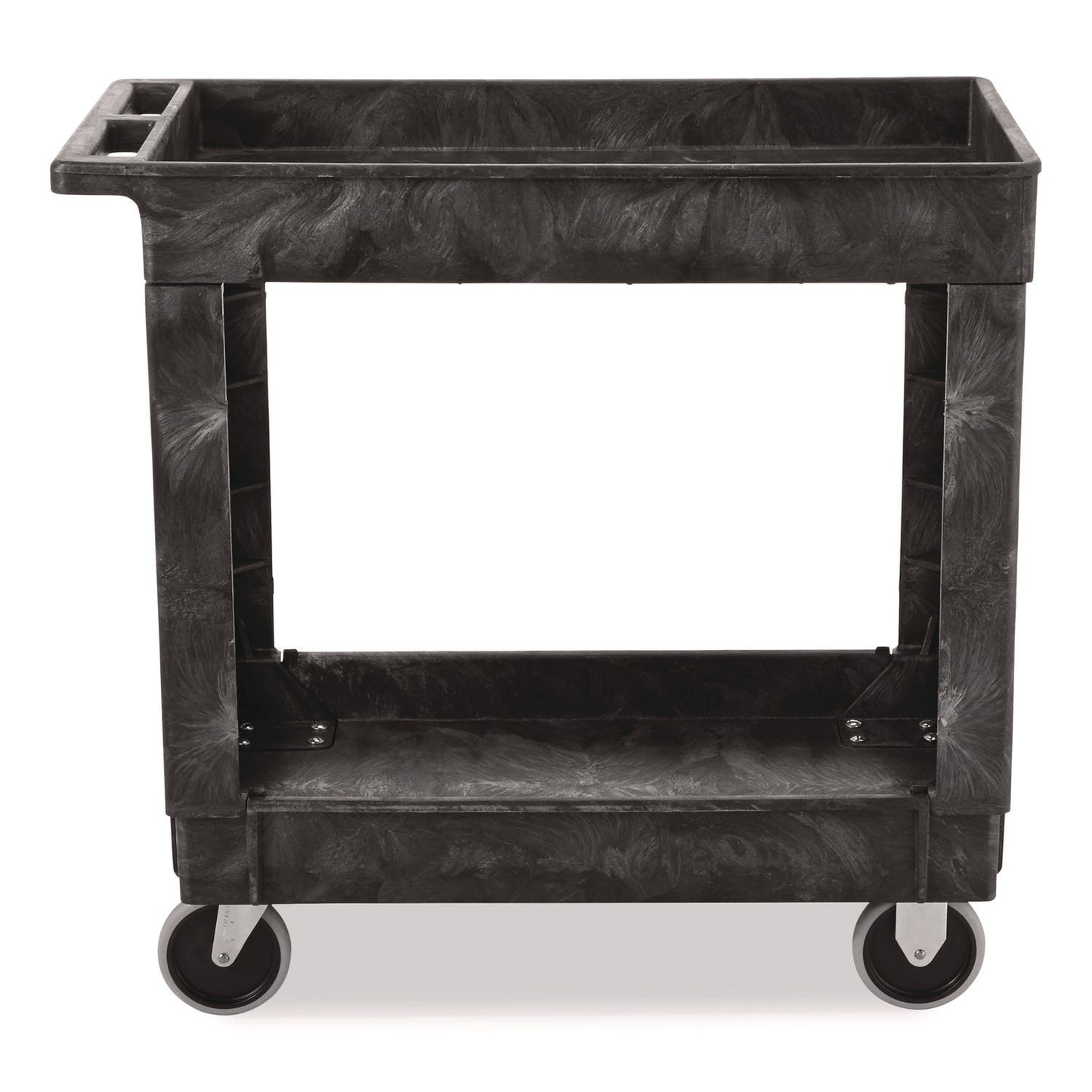 RCP9T6600BLA Heavy-Duty Flat-Handle Maintenance/Utility Cart, Plastic, 2 Shelves, 500 lb Capacity, 34.13" x 17.38" x 32.38", Black
