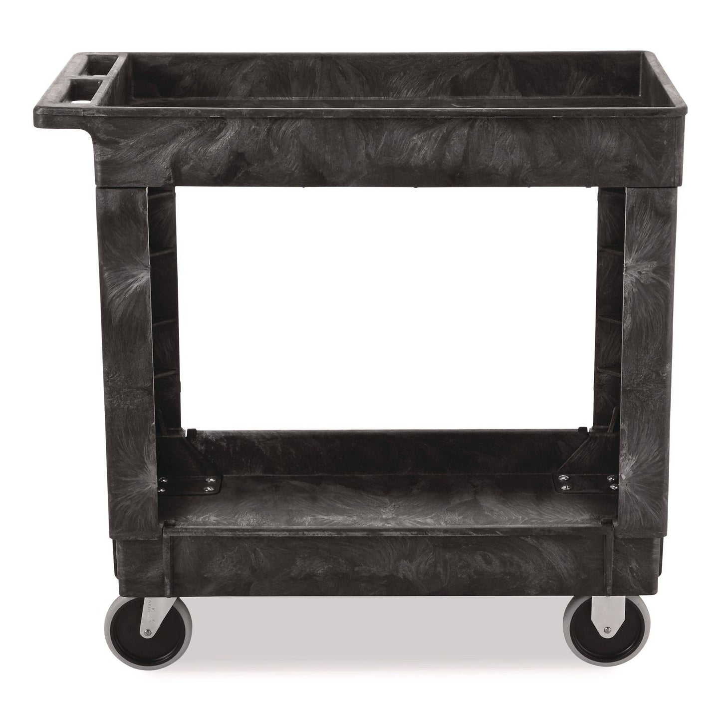 RCP9T6600BLA Heavy-Duty Flat-Handle Maintenance/Utility Cart, Plastic, 2 Shelves, 500 lb Capacity, 34.13" x 17.38" x 32.38", Black RUBBERMAID COMMERCIAL PROD.