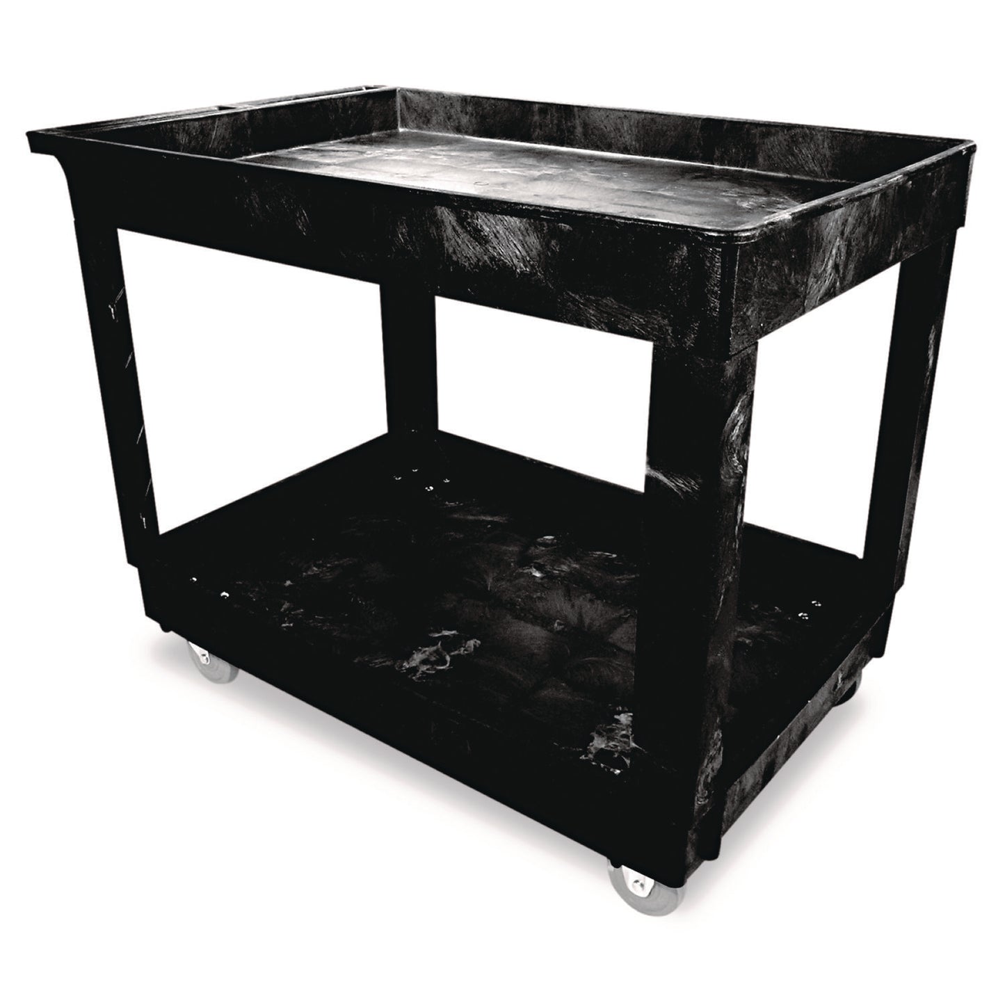 RCP9T6700BLA Heavy-Duty Flat-Handle Maintenance/Utility Cart, Plastic, 2 Shelves, 500 lb Capacity, 24" x 40" x 31.25", Black RUBBERMAID COMMERCIAL PROD.