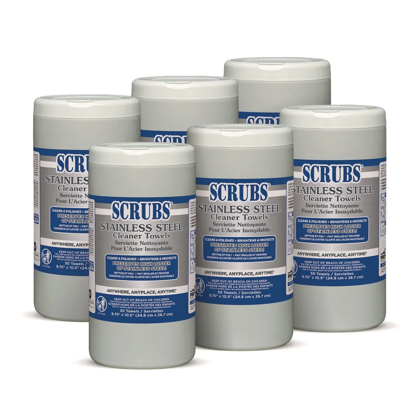 ITW91930CT Stainless Steel Cleaner Towels, 1-Ply, 9.75 x 10.5, Lemon Scent, 30/Canister, 6 Canisters/Carton SCRUBS