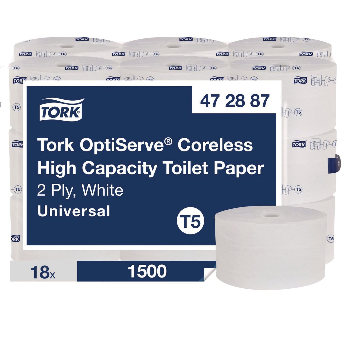 TRK472887 OptiServe High-Capacity Coreless Toilet Paper, 2-Ply, White, 1,500 Sheets/Roll, 18 Rolls/Carton Tork