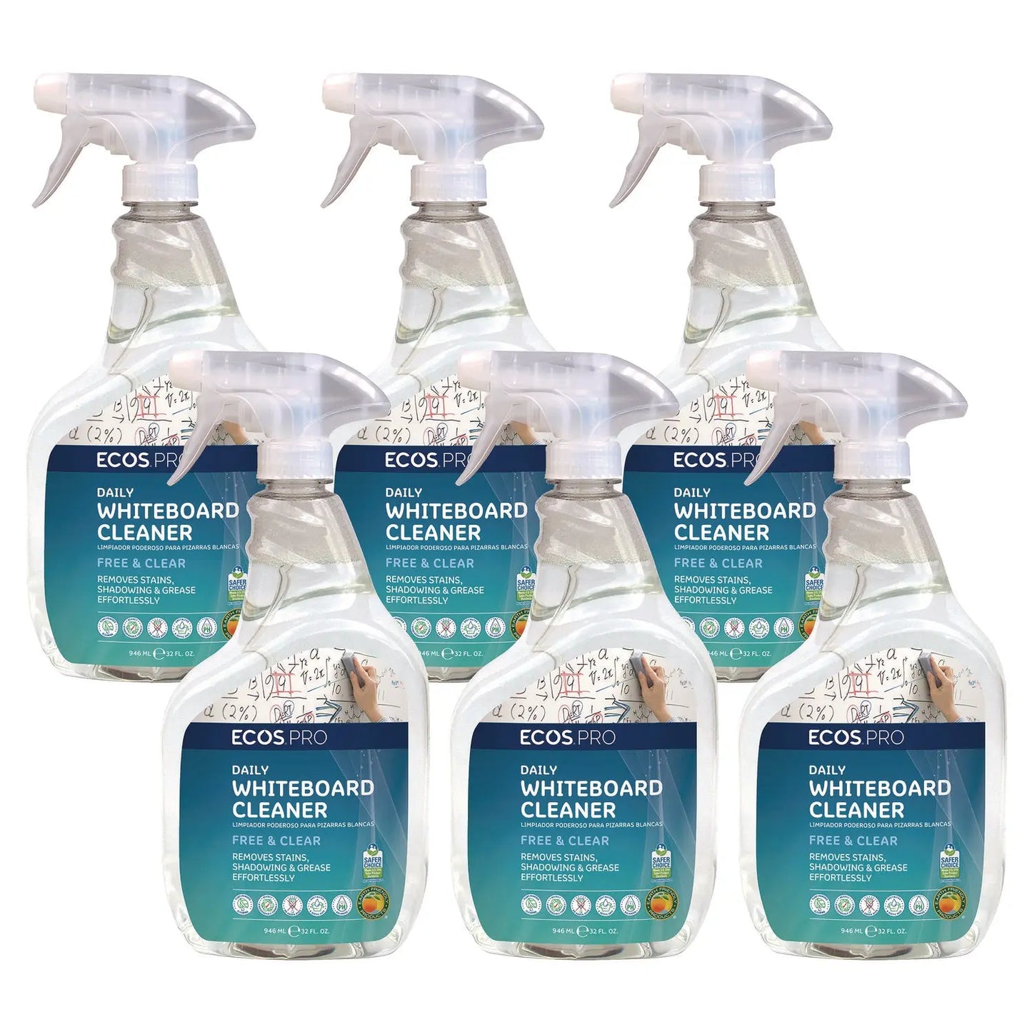EOPPL98696CT Daily Whiteboard Cleaner, Free and Clear, 32 oz Spray Bottle, 6/Carton ECOS PRO