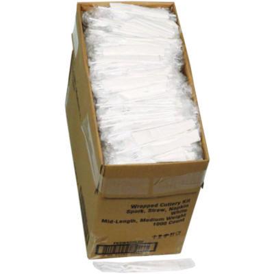 PCTFKQWSCHLCH Fieldware Cutlery Kit, Mediumweight, Napkin/Spork/Straw, Plastic, White, 1,000/Carton