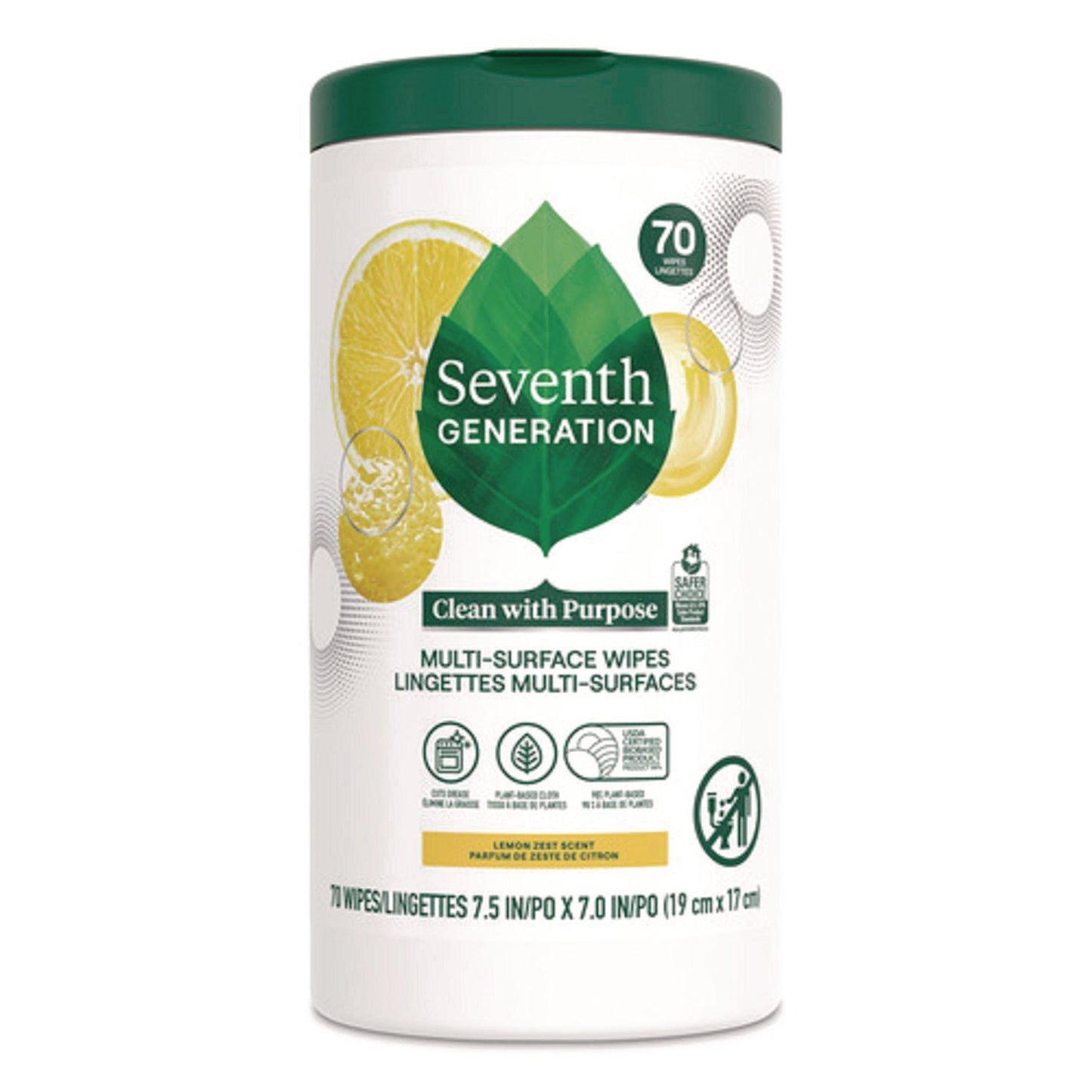 SEV69657417 Multi-Surface Wipes, 7 x 7, Lemon Zest, White, 70 Wipes/Canister, 6/Carton Seventh Generation