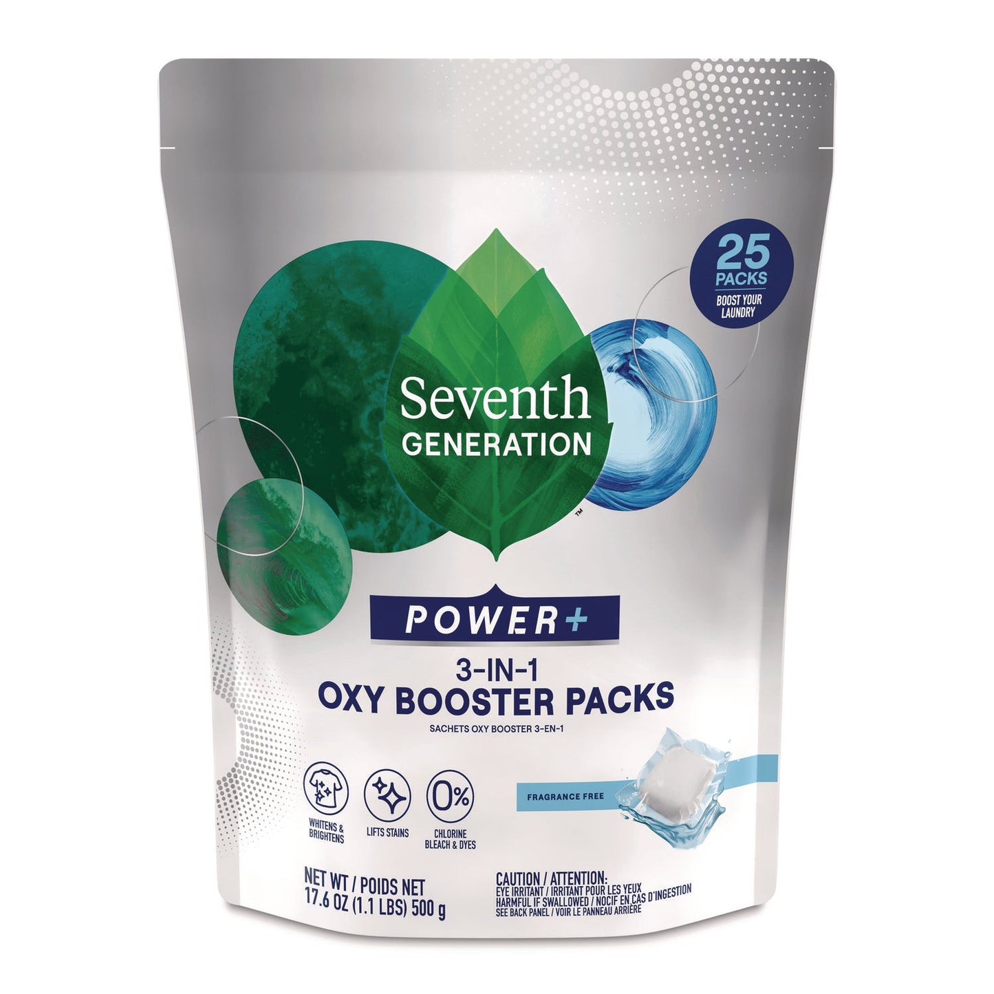 SEV68927608 Power+ 3-in-1 Oxy Booster Packs, Fragrance Free, 17.6 oz, 25 Tabs/Pack, 6 Packs/Carton Seventh Generation