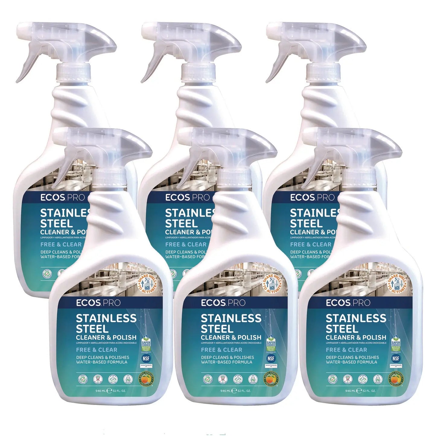 EOPPL93306CT Stainless Steel Cleaner and Polish, Free and Clear Scent, 32 oz Spray Bottle, 6/Carton ECOS PRO