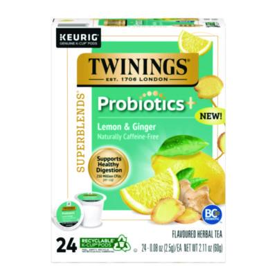 TWGTNA23050 Probiotics+ Herbal Lemon and Ginger Tea, 24/Box KEURIG DR PEPPER