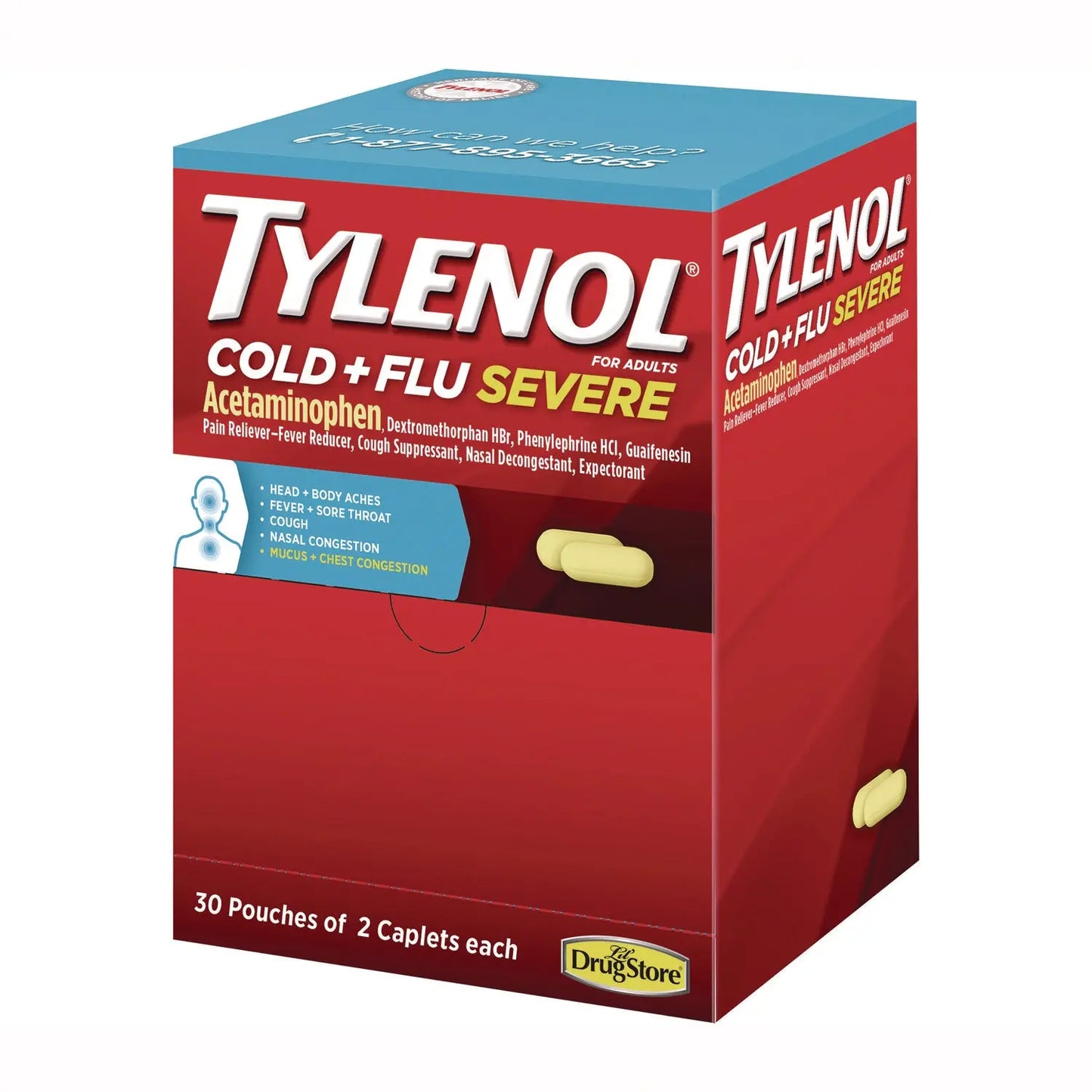 JOJ64568 Cold + Flu Severe Caplets, 2/Pack, 30 Packs/Box Tylenol