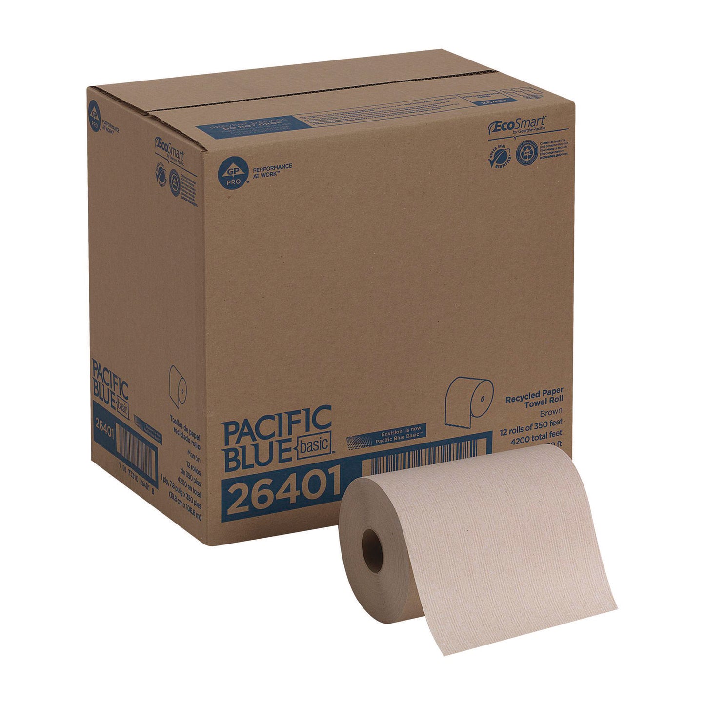 GPC26401 Pacific Blue Basic Recycled Paper Towel Roll, 1-Ply, 7.88 x 350 ft, Brown, 12 Rolls/Carton