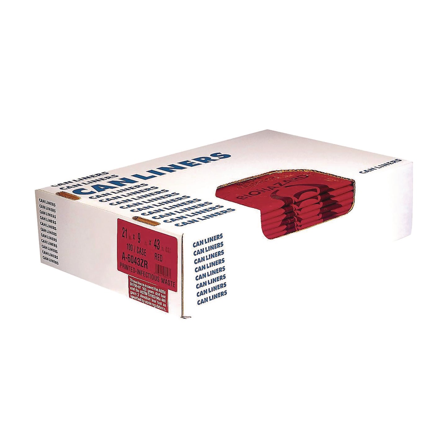 HERA6043ZR Healthcare Biohazard Printed Low-Density Can Liners, Infectious Waste, 30 gal, 3 mil, 30" x 43", Red, 100/Carton