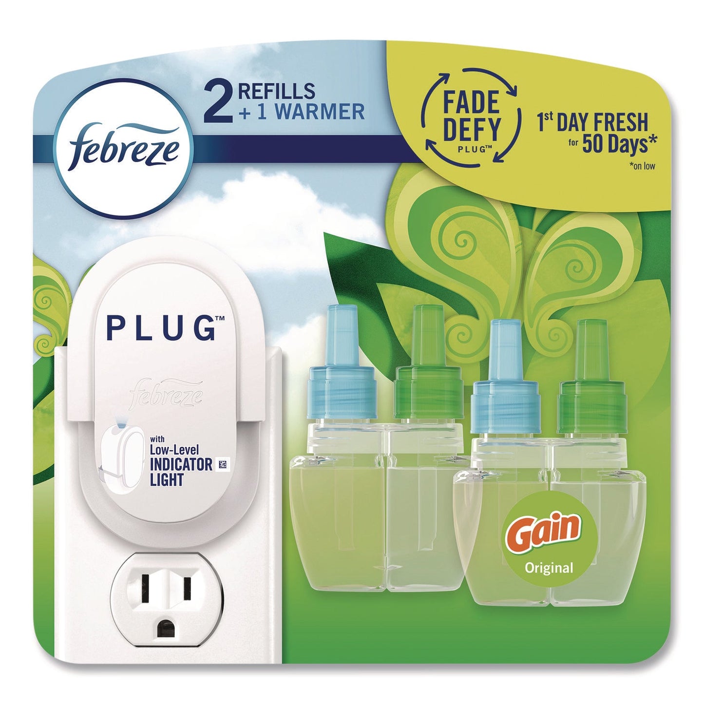 PGC4166 PLUG Air Freshener Warmer Starter Kit, Clear/White, with (2) Gain Original Refills Febreze