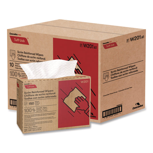 CSDW201 Tuff-Job Scrim Reinforced Wipers, 4-Ply, 9.25 x 12.5, White, 150/Box, 10 Boxes/Carton