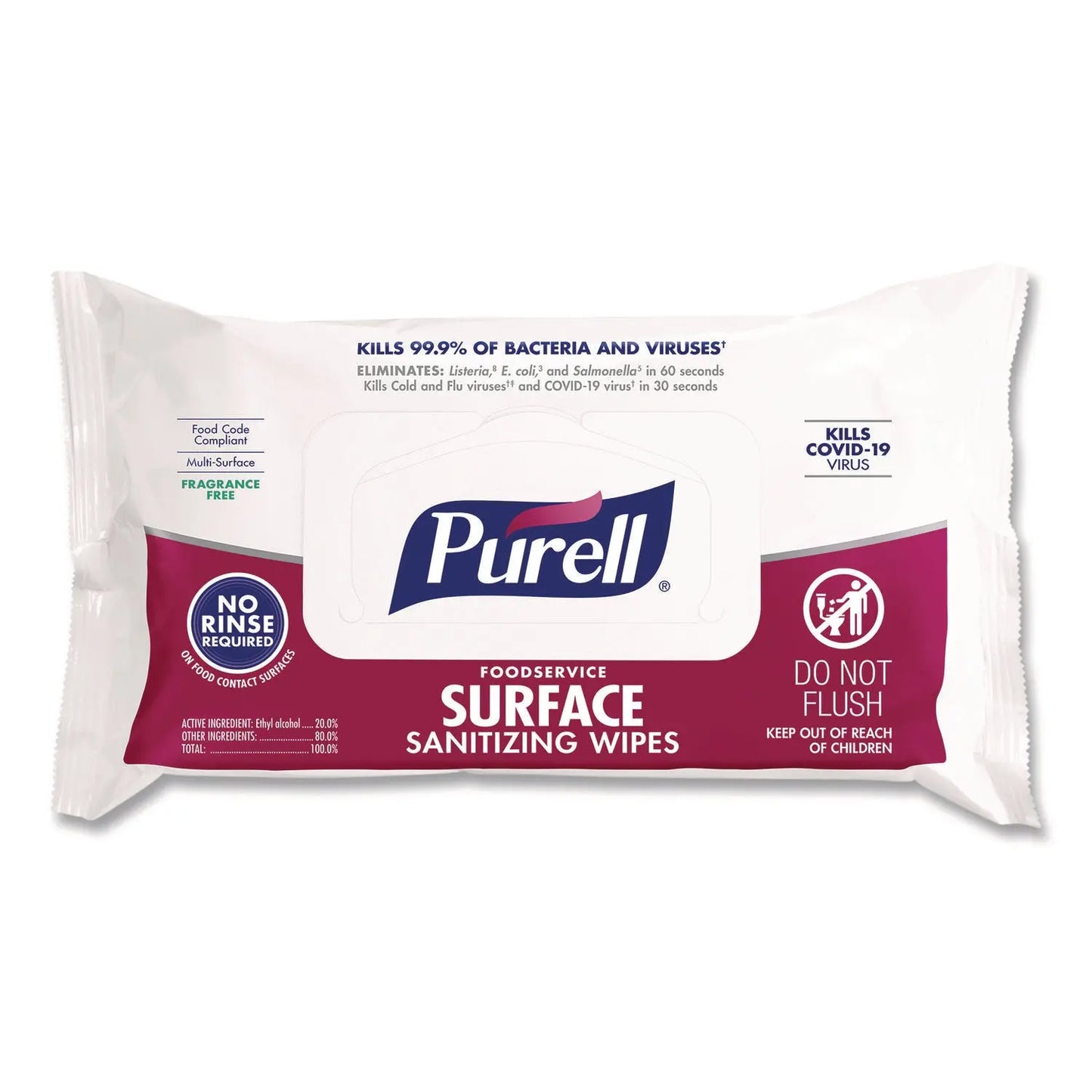 GOJ937112 Foodservice Surface Sanitizing Wipes, 1-Ply, 7.4 x 9, Fragrance Free, White, 72 Wipes/Resealable Pack PURELL