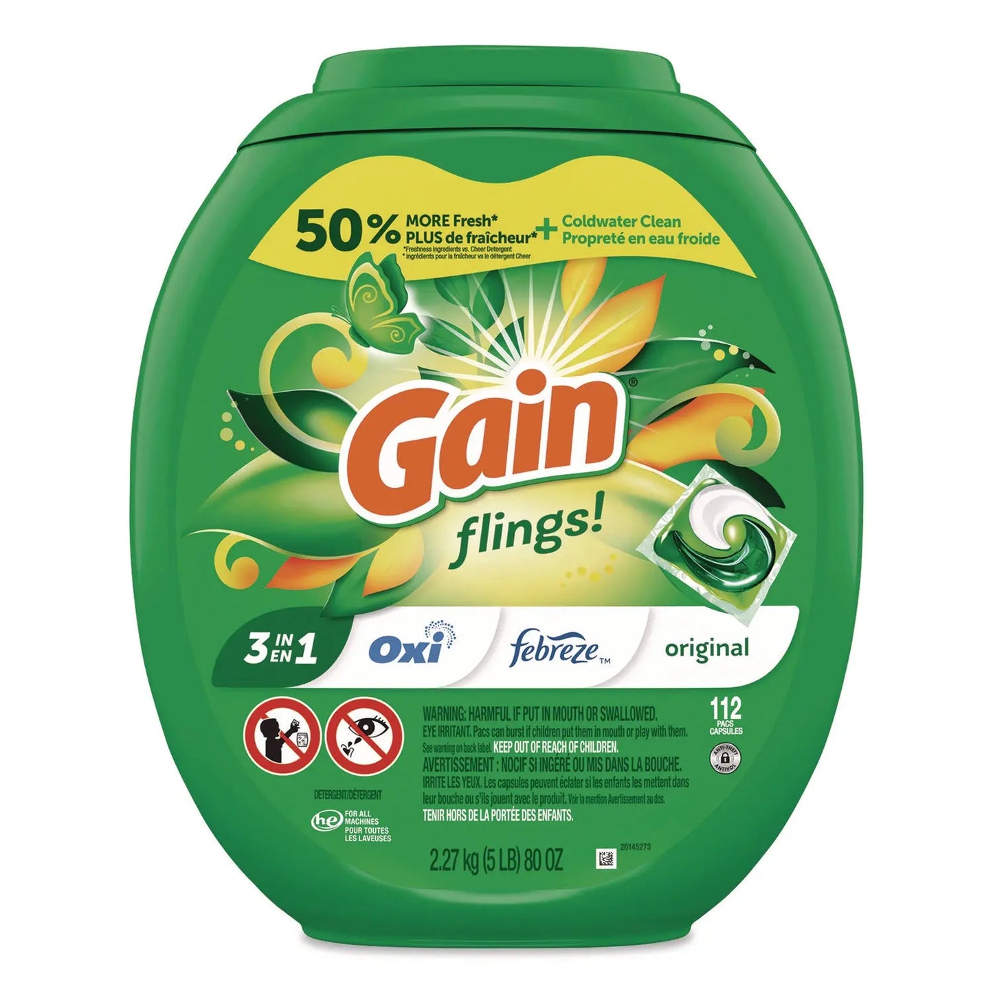 PGC02446 Flings Detergent Pods, Original, 112 Pods, 80 oz Tub Gain