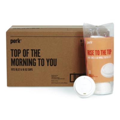 PRKPK54369CT Plastic Hot Cup Lids, Fits 10 oz to 16 oz Hot Cups, White, 500/Carton PERK