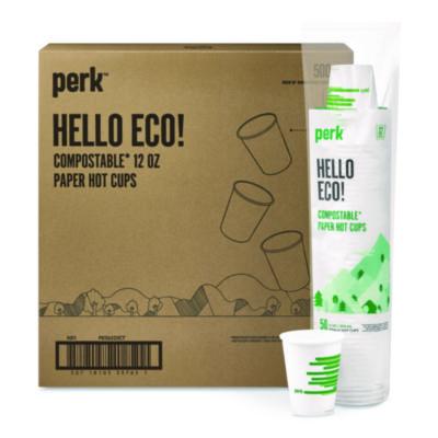 PRKPK56222CT Eco-ID Compostable Paper Hot Cups, 12 oz, White/Green, 500/Carton PERK