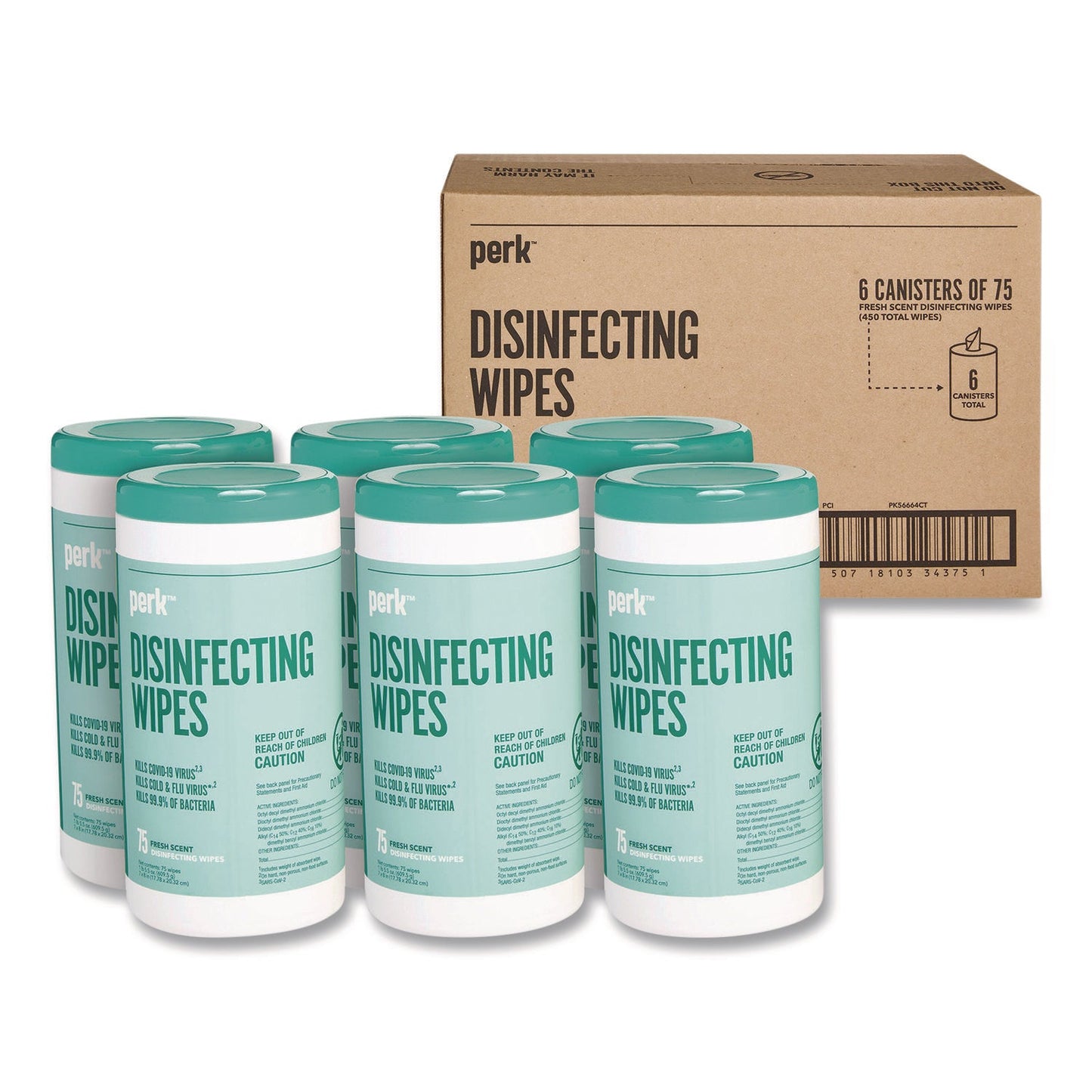 PRKPK56664CT Disinfecting Wipes, 7 x 8, Fresh, White, 75 Wipes/Canister, 6/Carton Perk
