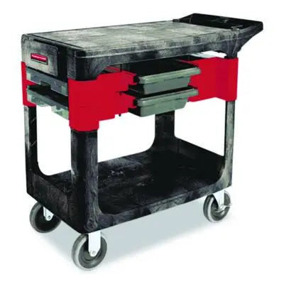RCP618000BLA Two-Shelf Trades Cart, Plastic, 2 Shelves, 2 Drawers, 330 lb Capacity, 19.25" x 38" x 33.38", Black RUBBERMAID COMMERCIAL PROD.