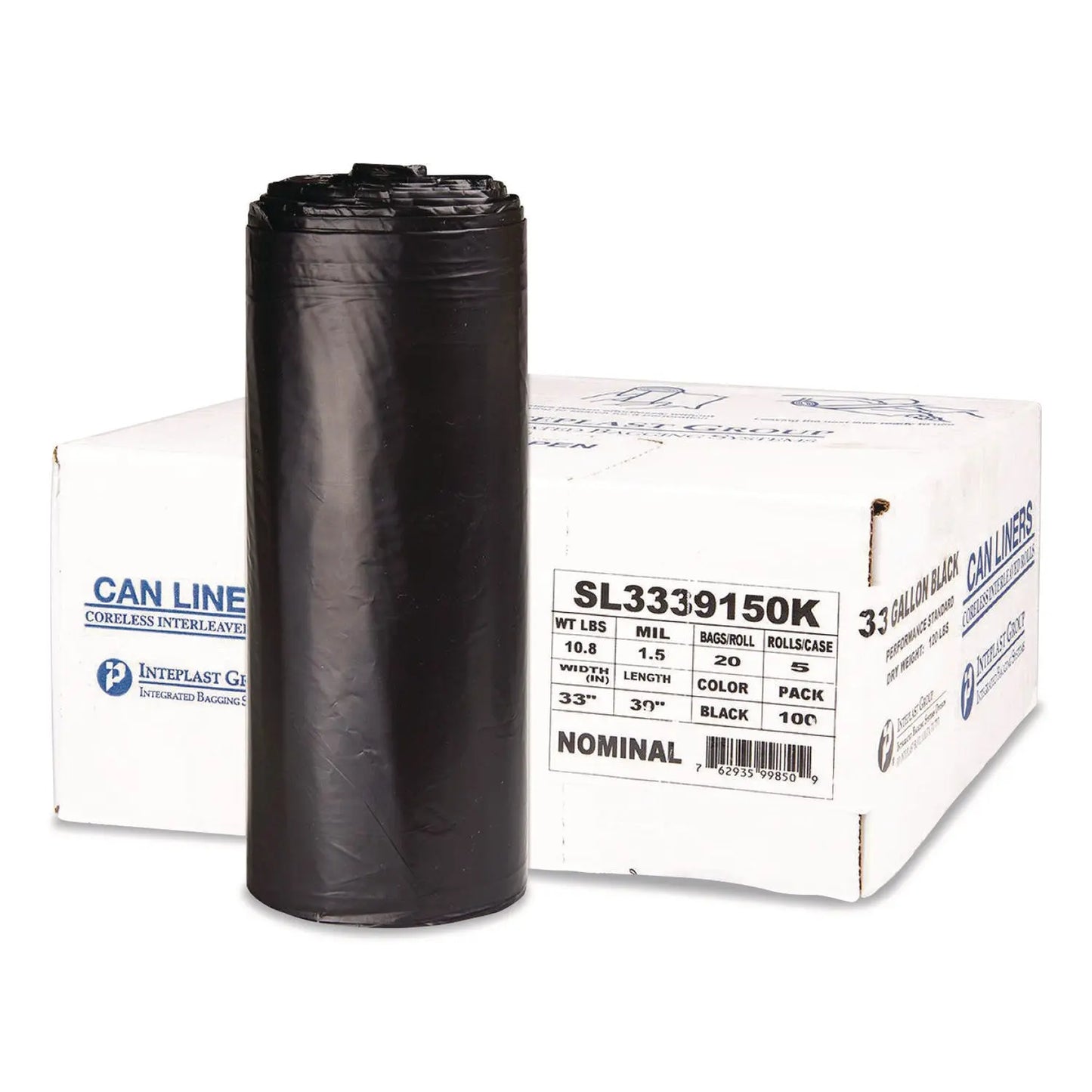 IBSSL3339150K Low-Density Commercial Can Liners, 33 gal, 1.5 mil, 33" x 39", Black, Interleaved Roll, 20 Bags/Roll, 5 Rolls/Carton Inteplast Group
