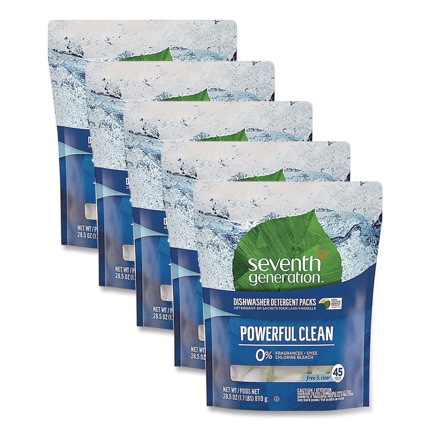 SEV45180CT Natural Automatic Dishwasher Detergent Packs, Free and Clear, 45 Powder Packets/Box, 5 Boxes/Carton Seventh Generation