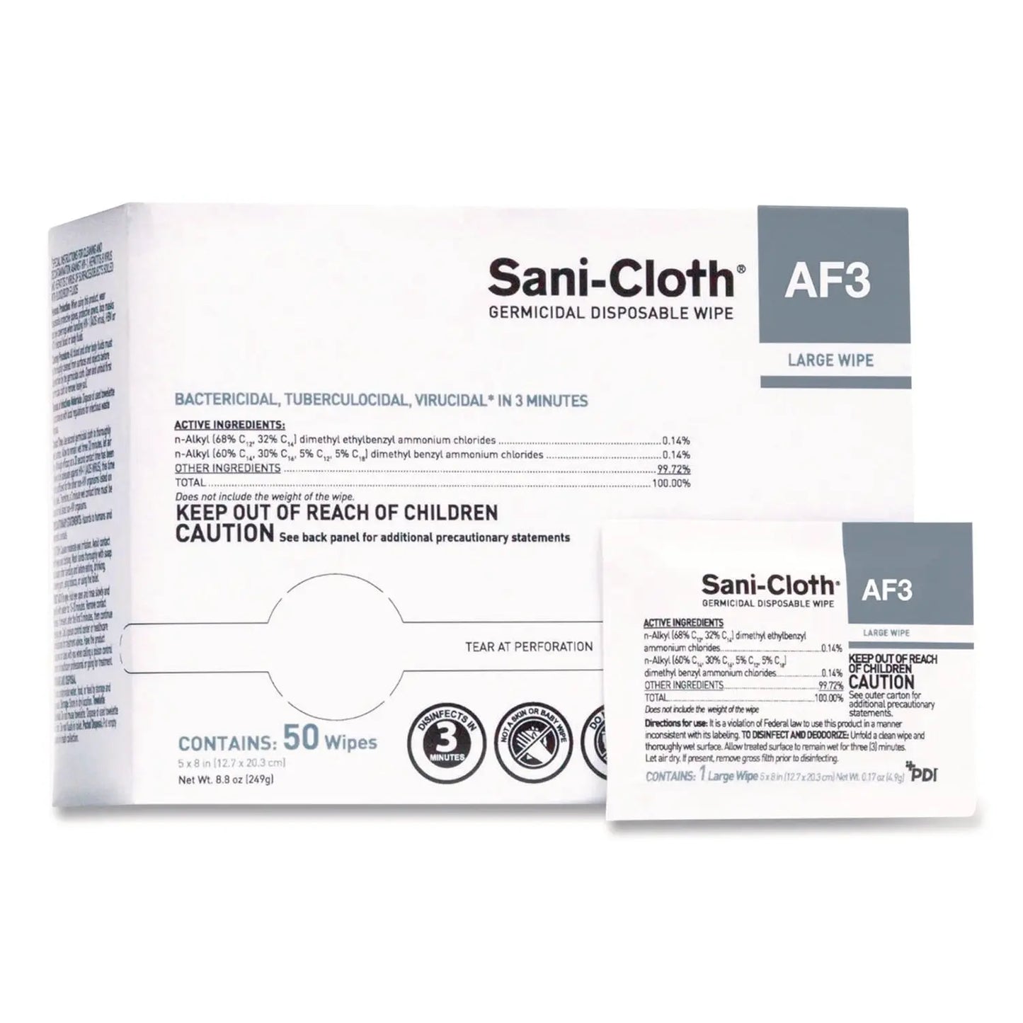 PDIH59200 Sani-Cloth AF3 Germicidal Disposable Wipes, Large, 1-Ply, 8" x 5", Unscented, White, 50/Pack, 10 Packs/Carton Sani Professional
