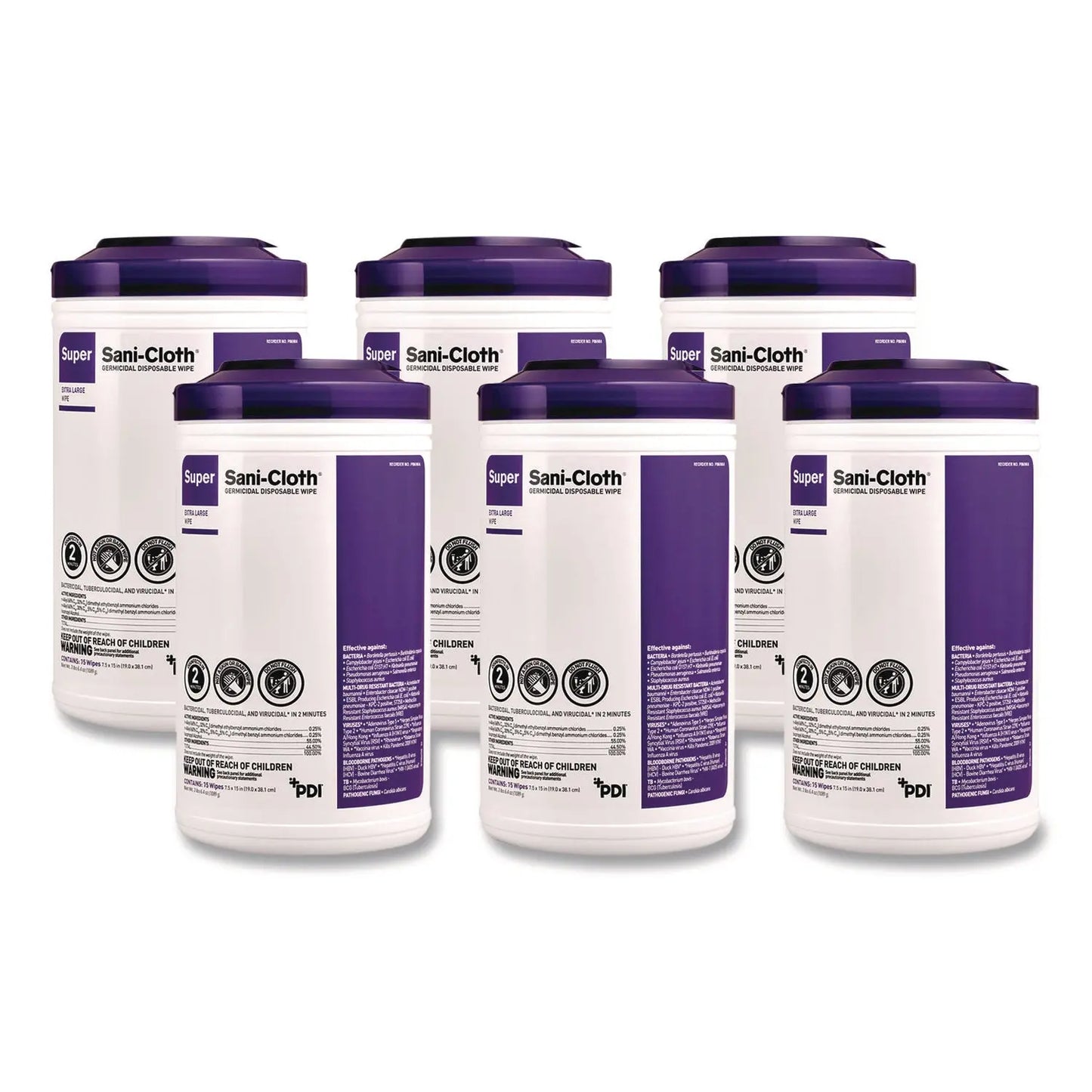 PDIP86984CT Super Sani-Cloth Disinfecting Wipes, 15 x 7.5, Unscented, White, 75 Wipes/Canister, 6/Carton PDI