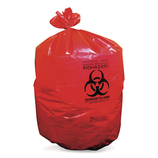 HERA8046PR Healthcare Biohazard Printed Low-Density Can Liners, Biohazard, 45 gal, 1.3 mil, 40 x 46, Red, Flat Pack, 200/Carton