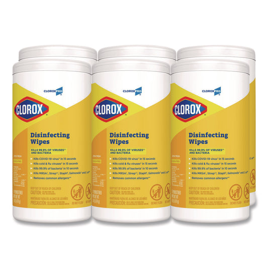 CLO15948CT Disinfecting Wipes, 1-Ply, 7 x 8, Lemon Fresh, White, 75/Canister, 6/Carton