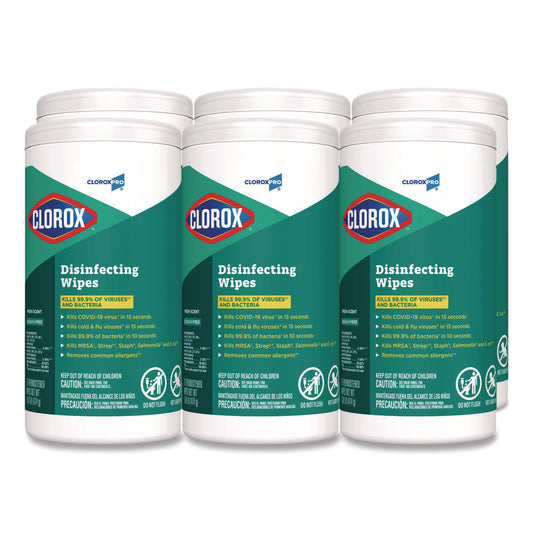 CLO15949CT Disinfecting Wipes, 1-Ply, Fresh Scent, 7 x 8, White, 75/Canister, 6 Canisters/Carton