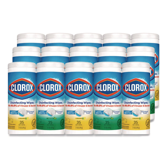CLO30112CT Disinfecting Wipes, Cleaning Wipes, 1-Ply, 7 x 8, Fresh Scent/Citrus Blend, 35/Canister, 3/Pack, 5 Packs/Carton