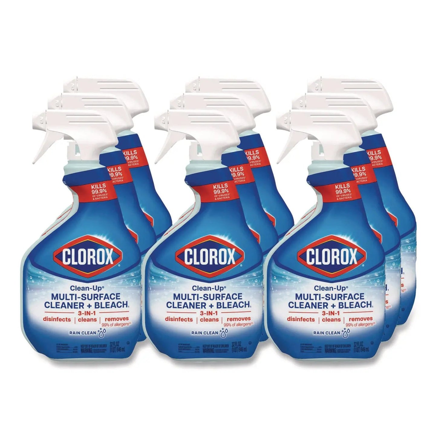 CLO30197 Clean-Up Multi-Surface Cleaner with Bleach, 32 oz Spray Bottle, Rain Clean Scent, 9/Carton Clorox