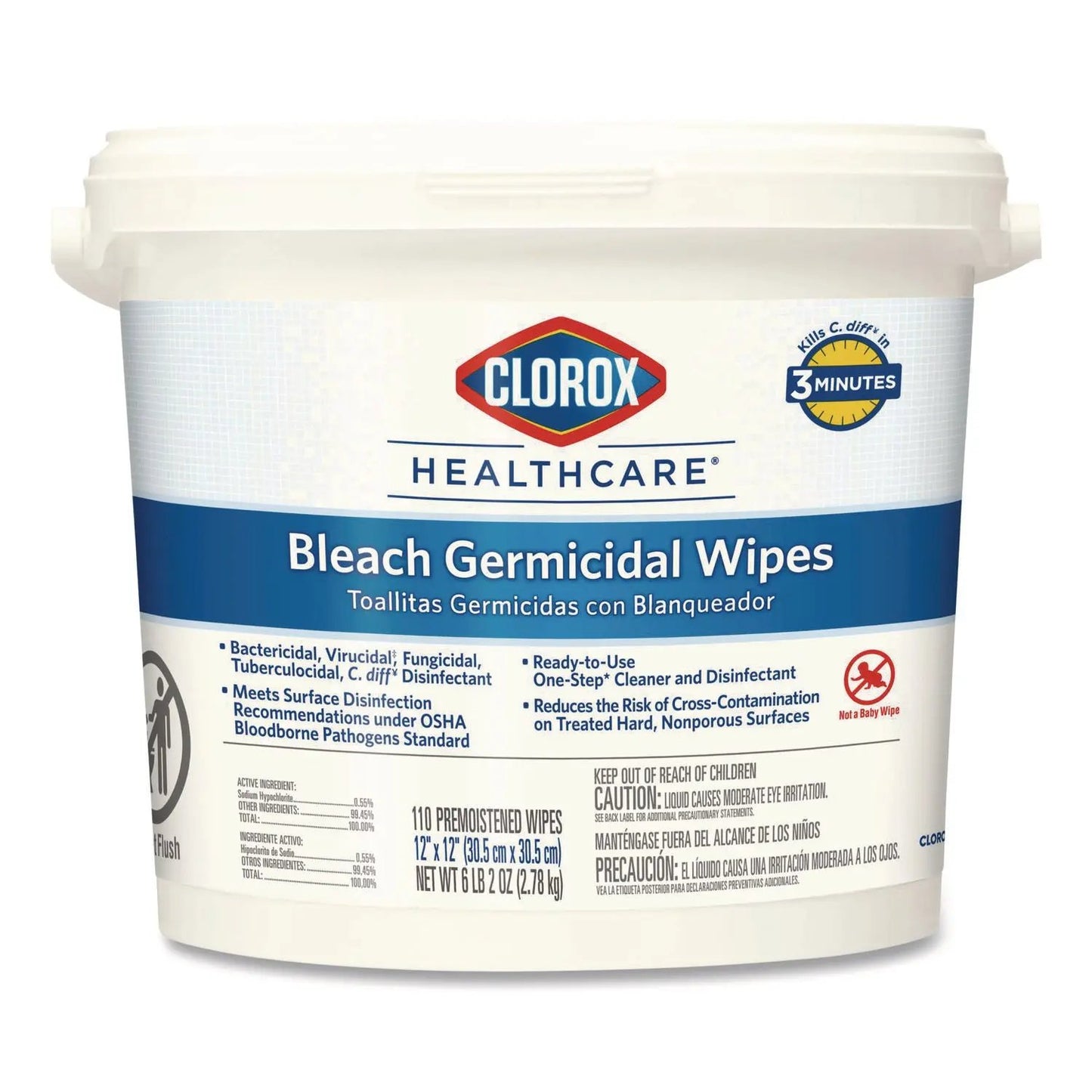 CLO30358 Bleach Germicidal Wipes, 1-Ply, 12 x 12, Unscented, White, 110/Bucket Clorox Healthcare