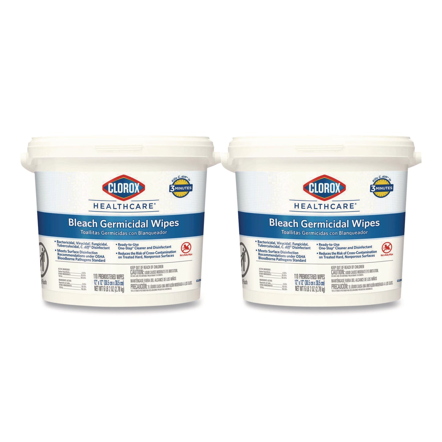 CLO30358CT Bleach Germicidal Wipes, 1-Ply, 12 x 12, Unscented, White, 110/Bucket, 2 Buckets/Carton
