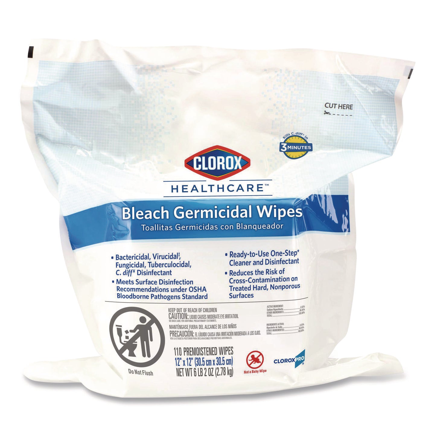 CLO30359 Bleach Germicidal Wipes, Refill for Bucket, 1-Ply, 12 x 12, Unscented, White, 110/Pouch