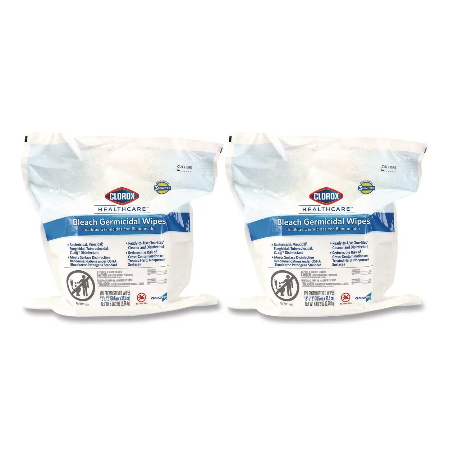 CLO30359CT Bleach Germicidal Wipes, 1-Ply, 12 x 12, Unscented, White, 110/Refill, 2 Refills/Carton Clorox Healthcare