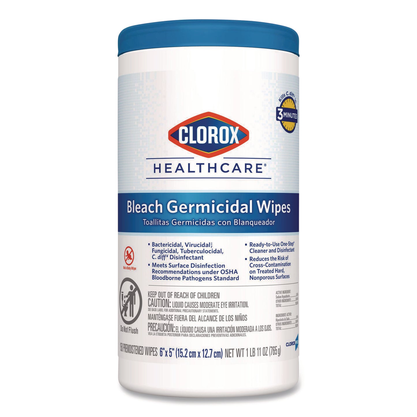 CLO30577 Bleach Germicidal Wipes, 1-Ply, 6 x 5, Unscented, White, 150/Canister