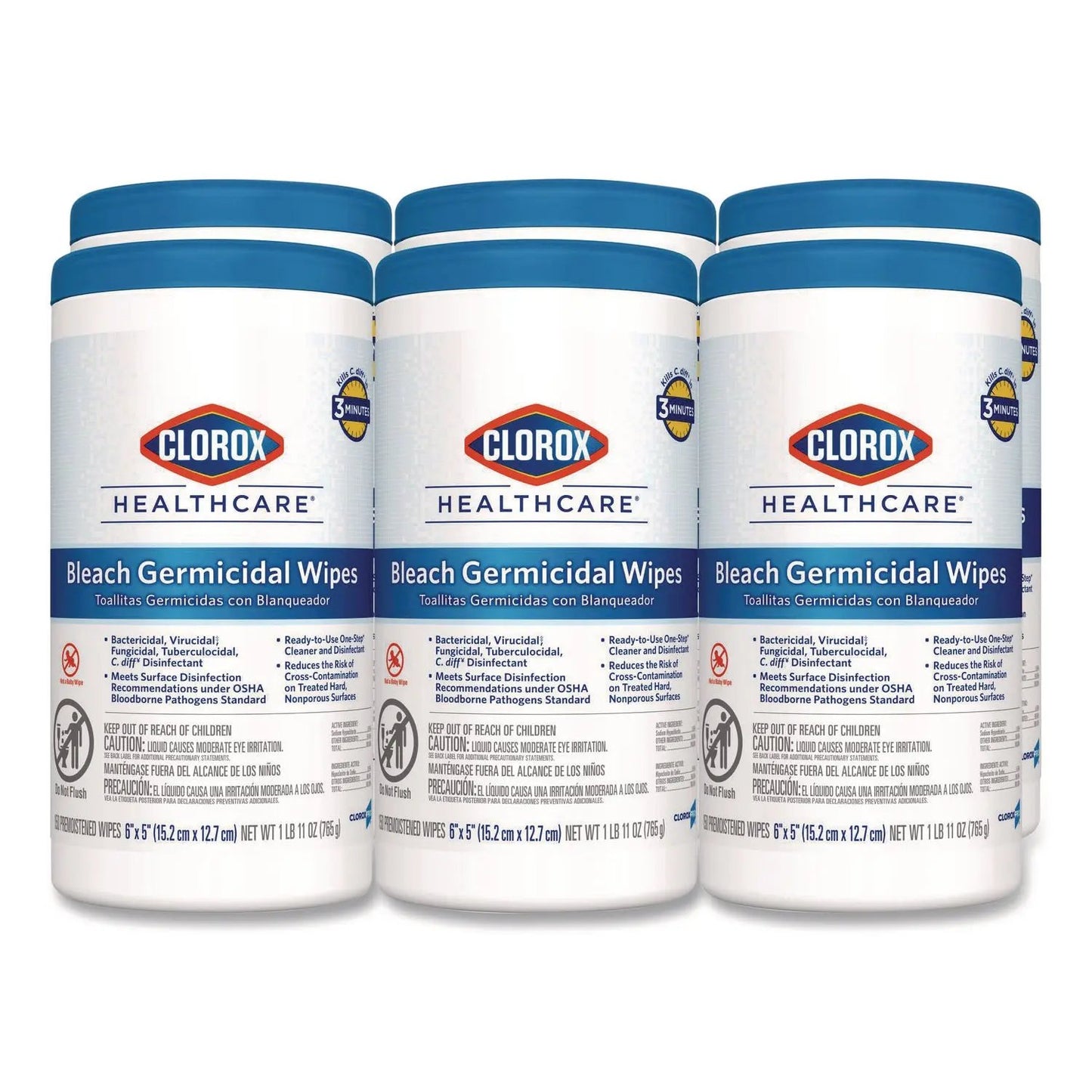 CLO30577CT Bleach Germicidal Wipes, 1-Ply, 6 x 5, Unscented, White, 150/Canister, 6 Canisters/Carton Clorox Healthcare