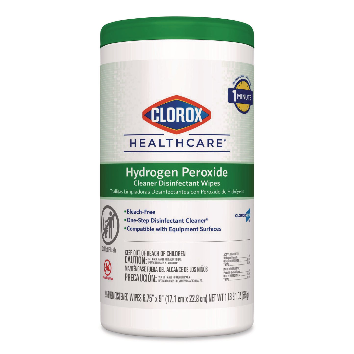 CLO30824EA Hydrogen Peroxide Cleaner Disinfectant Wipes, 6.75 x 9, White, 95/Canister