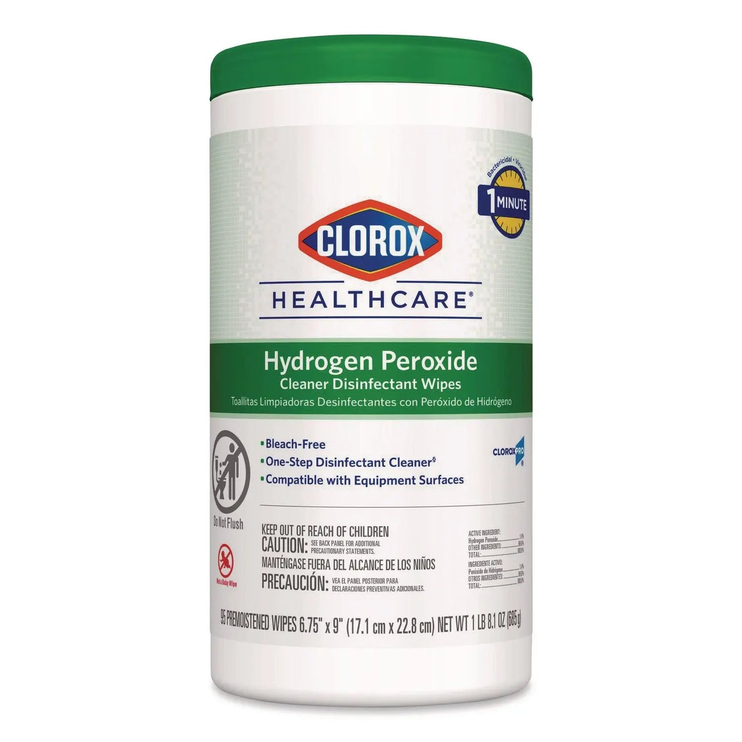 CLO30824EA Hydrogen Peroxide Cleaner Disinfectant Wipes, 6.75 x 9, White, 95/Canister Clorox Healthcare