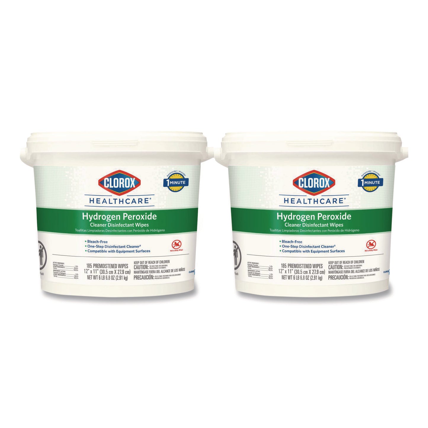 CLO30826 Hydrogen Peroxide Cleaner Disinfectant Wipes, 12 x 11, Unscented, White, 185/Bucket, 2 Buckets/Carton