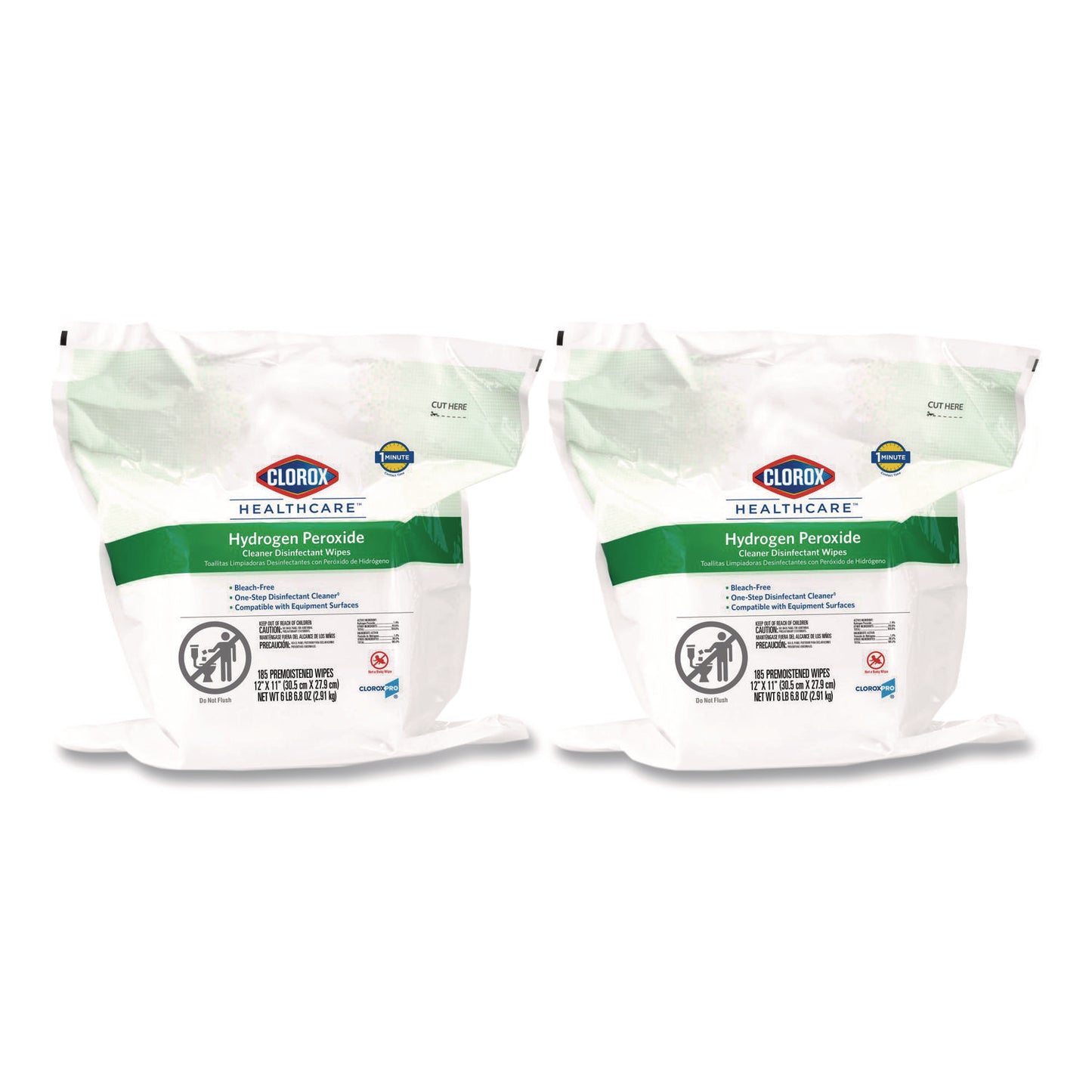 CLO30827 Hydrogen Peroxide Cleaner Disinfectant Wipes, 12 x 11, Unscented, White, 185/Pack, 2 Packs/Carton