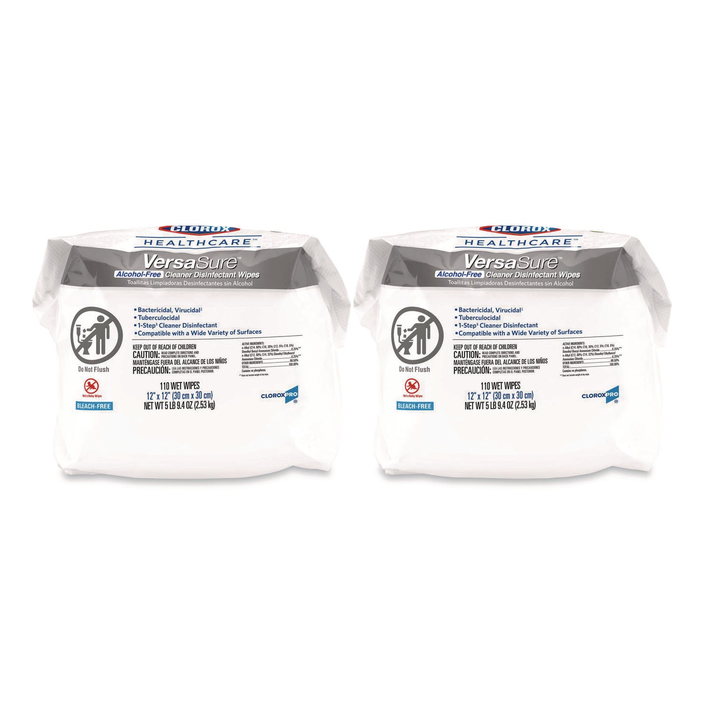 CLO31761 VersaSure Cleaner Disinfectant Wipes, Refill, 1-Ply, 12 x 10, Fragranced, White, 110/Pouch, 2 Pouches/Carton