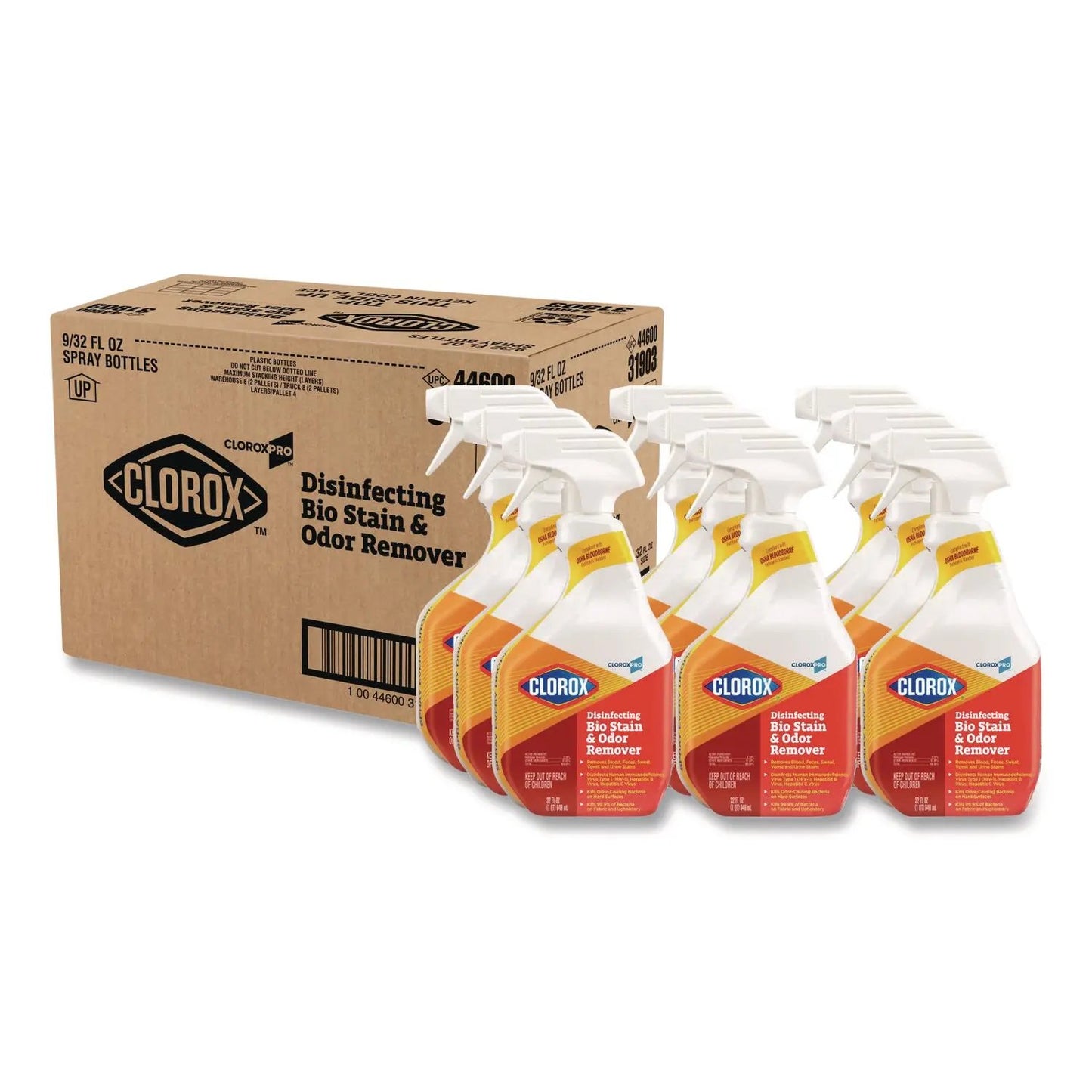 CLO31903 CloroxPro Disinfecting Bio Stain and Odor Remover, Fragranced, 32 oz Spray Bottle, 9/Carton Clorox